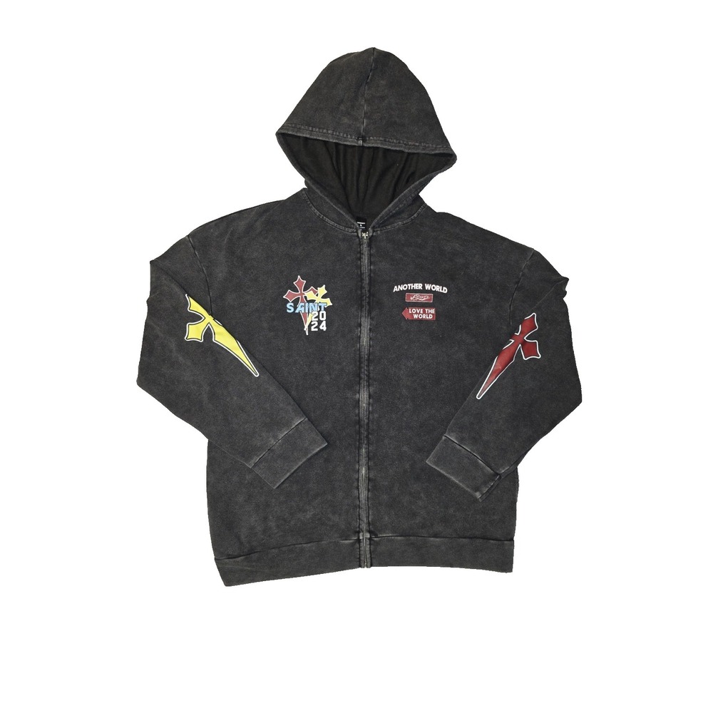 Manfinity Fleece Acid Wash Y2K Distressed Black Size XL Full Zip Hoodie
